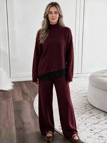 Louniche Elegant Lace Trim Hem Long Sleeve Design Women's 2 Pieces Set - Burgundy - View 5