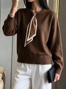Modelyn Women's Color Block Scarf Tie Round Neck Long Sleeve Sweater, Autumn/Winter - Coffee Brown - View 4