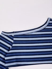 SHEIN 青少年女孩條紋不對稱3件式上衣與寬腿工裝褲休閒時尚套裝 - 藏蓝色 - 查看 3