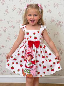 Strawberry Shortcake X SHEIN Young Girl Bow Decor Flutter Sleeve Dress - White - View 4