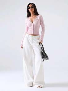 Comfortcana Women's Solid Color Contrast Lace Long Sleeve Knit Cardigan - Pink - View 3