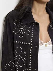 Maija Jaket Kasual Wanita Lengan Panjang Kancing Tunggal dengan Desain Rivet dan Potongan Reguler - Coffee Brown - View 4