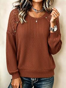 SHEIN LUNE CURVE Women's Round Neck Lace Patchwork Long Sleeve Sweatshirt, Casual Outing Top, Autumn/Winter Fall - Redwood - View 1