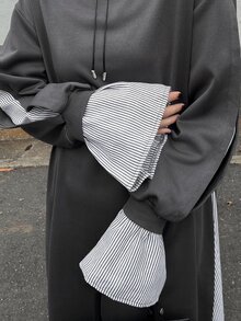 FRIFUL Women's Autumn Patchwork Striped Bell Sleeve Straight Long Dress - Grey - View 9