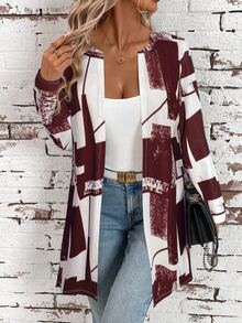 SHEIN Clasi 女款優雅休閒黑白幾何圖案百搭正裝夾克，適合秋季辦公室穿著 - 酒紅色 - 查看 5