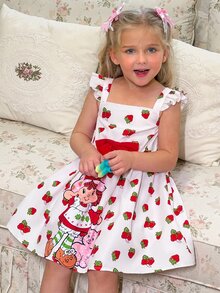 Strawberry Shortcake X SHEIN Young Girl Bow Decor Flutter Sleeve Dress - White - View 8