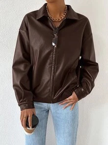 SHEIN EZwear 秋冬款落肩拉鍊PU短版皮夾克 - 巧克力棕 - 查看 3