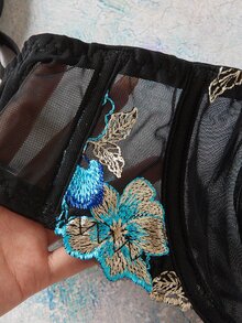 Elorette Embroidered Floral Blue & Black Contrast Color Non-Molded Cup Lightweight Underwire Lift-Up Romantic Pastoral Cup Detail Plus Size Bra & Wireless Bra - Black - View 6