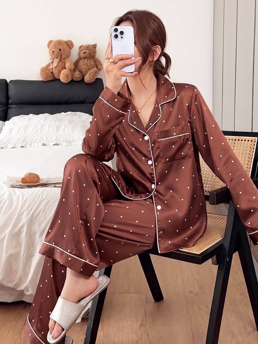 Napfluff Women's Minimalist Elegant Polka Dot Print Long Sleeve Pants Pajama Set - Brown - View 1