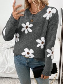 EMERY ROSE 女款休閒毛絨花卉圖案圓領落肩長袖秋冬針織套頭毛衣 - 彩色 - 查看 7