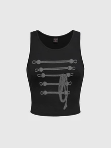 ROMWE Plus Size Dark Goth Girl Halloween Web Pattern Print Tank Top - Black - View 1