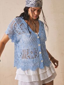 Freevana 大尺碼女款純色V領鏤空刺繡休閒短袖針織開襟衫 - 藍色 - 查看 7