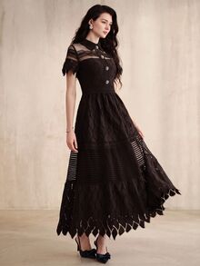 Anewsta Gaun Panjang Elegan Wanita Lengan Pendek dengan Desain Kancing dan Jala Renda Kontras - Coffee Brown - View 3