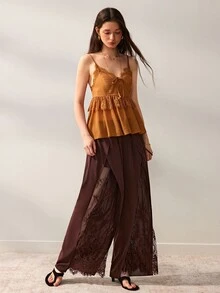 Willow Rêve Women's Brown Chiffon Lace Patchwork Loose Straight Leg Pants - Brown - View 4