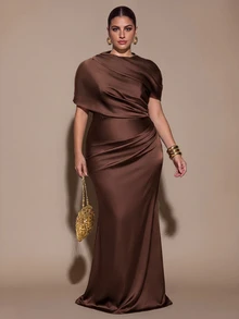 SHEIN BAE CURVE فستان نسائي أنيق بني اللون بتصميم مجعد مع ذيل سمكة للنساء ذوات المقاسات الكبيرة - بني - مشاهدة 8