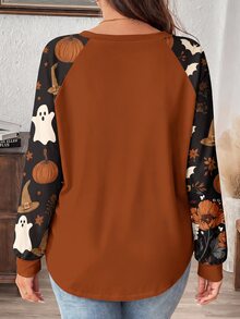 SHEIN CURVE+ Halloween Maple Leaf Pumpkin Floral Print Plus Size Full Print Raglan Sleeve T-Shirt Suitable For Spring, Autumn And Holiday Parties - Multicolor - View 2
