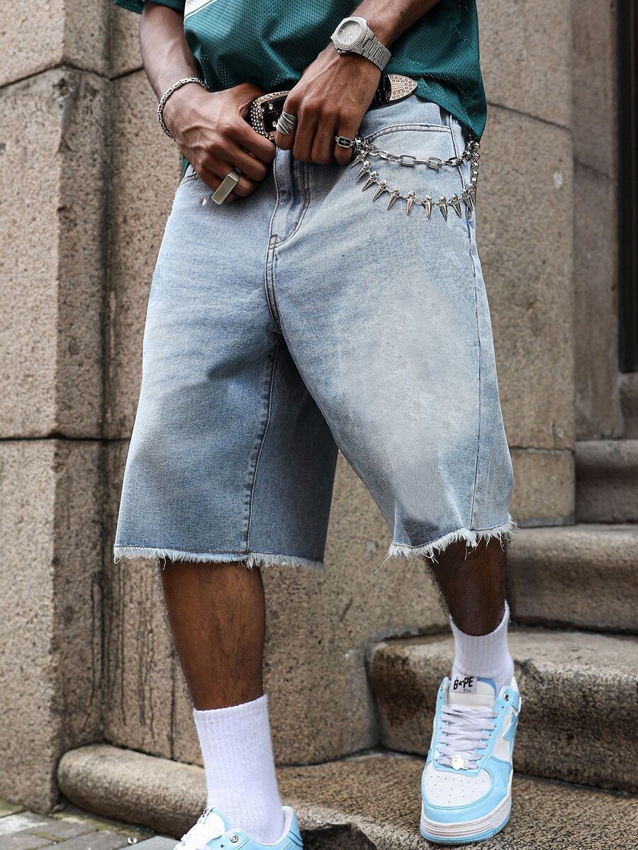 Manfinity EMRG Men's Young Casual Light Blue Frayed Denim Shorts - Light Wash - View 1