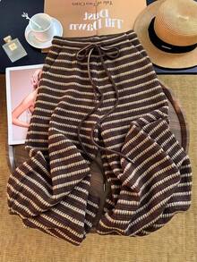 SHEIN CURVE+ Plus Size Summer Knit Striped Long Pants Fall - Brown - View 4
