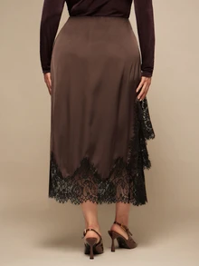 SHEIN BAE CURVE Plus Size Women's Brown Satin Lace Patchwork Skirt - Brown - View 5