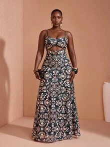 JIAN LASALA Gaun Wanita Ukuran Plus dengan Motif Jala Seluruh Permukaan dan Tali Bahu Tipis, Model Bustier dengan Potongan Cincin-O - MultiWarna - View 1