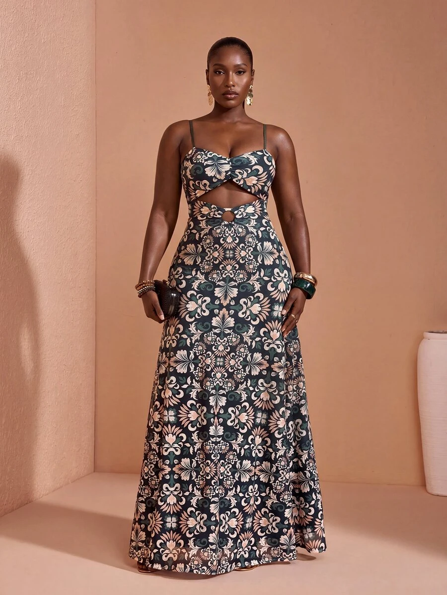 JIAN LASALA Gaun Wanita Ukuran Plus dengan Motif Jala Seluruh Permukaan dan Tali Bahu Tipis, Model Bustier dengan Potongan Cincin-O - MultiWarna - View 1