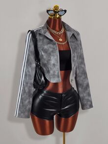 Amplova Autumn/Winter Fur Collar Patchwork PU Women's Jacket - Grey - View 10