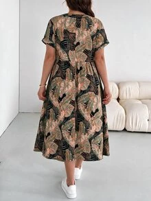 Shapeblank Plus Size Button Half-Placket Tropical Plant Print Pocket Dress - Black - View 2