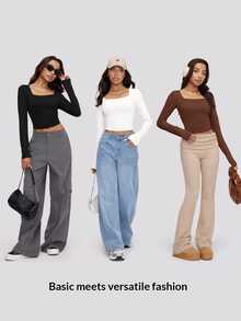 SHEIN BASICS 3件組女款素色方領長袖修身百搭T恤 - 彩色 - 查看 9