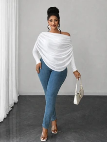 Maweii Off-Shoulder Draped Long Sleeve Blouse, Solid Color Elastic Knit Cold Shoulder Elegant Top - White - View 5