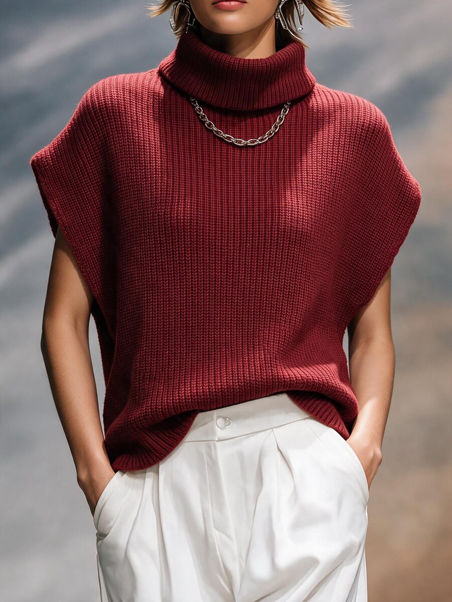 Omancia Elegant Cowl Neck Cap Sleeve Design Women's Sweater - Red - View 1