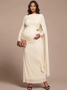 MaterniChic Maternity Elegant Dress With Metal Flower Decor, Ruched Waist And Flowing Ribbon Design - Apricot - View 3