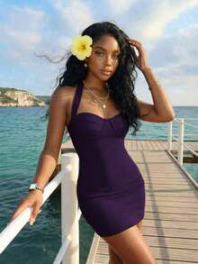 Slaydiva Women's Solid Color Casual Daily Summer Halter Neck Mini Dress - Purple - View 8