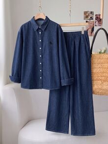 SHEIN EZwear 女款長袖單排扣襯衫與長褲休閒牛仔套裝 - 深色水洗藍 - 查看 5