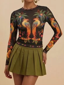 Travachic 女款棕櫚樹網紗圓領長袖修身性感上衣 - 彩色 - 查看 4