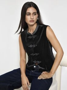 Maija Women's Stand Collar Frog Button Design Chinese Style Elegant Vest, Going Out Everyday Dinner Date Night Party Outfits, Work Outfits, Fall Black - Black - View 6