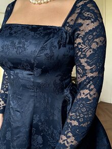 Lyrianda 大尺碼女款蕾絲方領後綁帶秋冬洋裝 - 藏蓝色 - 查看 4