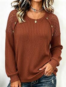 SHEIN LUNE CURVE Women's Round Neck Lace Patchwork Long Sleeve Sweatshirt, Casual Outing Top, Autumn/Winter Fall - Redwood - View 4