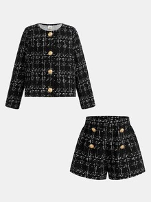 Kids Young Girl Plaid Long Sleeve Jacket And Shorts Set - Black - View 9