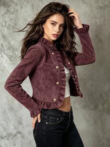 SHEIN Maillard Faux Suede Ruffle Collar Double-Breasted Metal Button Long Sleeve Jacket For Daily Wear And Dates - Burgundy - View 5