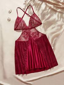 Charlaine Plus Size Sexy Lace Sheer Nightgown - Burgundy - View 5