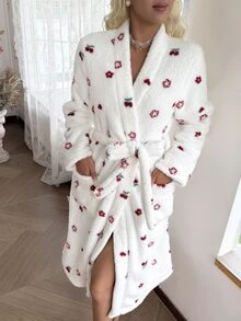 CottageSlumber Women's Romantic Floral Print Coral Fleece Mid-Length Robe - White - View 5
