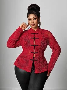 Maweii Plus Size Women's Elegant Vintage New Chinese Style Red Lace Sexy Long Sleeve Blouse - Red - View 1