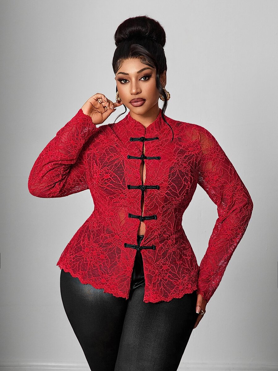 Maweii Plus Size Women's Elegant Vintage New Chinese Style Red Lace Sexy Long Sleeve Blouse - Red - View 1
