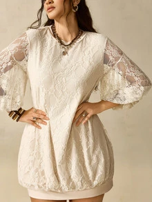 Nubod French Vintage Elegant Commuter Petal Sleeve Mesh Patchwork Apricot Dress - Apricot - View 4