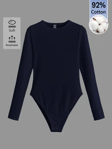 SHEIN BASICS 女款純色圓領長袖休閒連身衣T恤 - 藏蓝色 - 查看 1