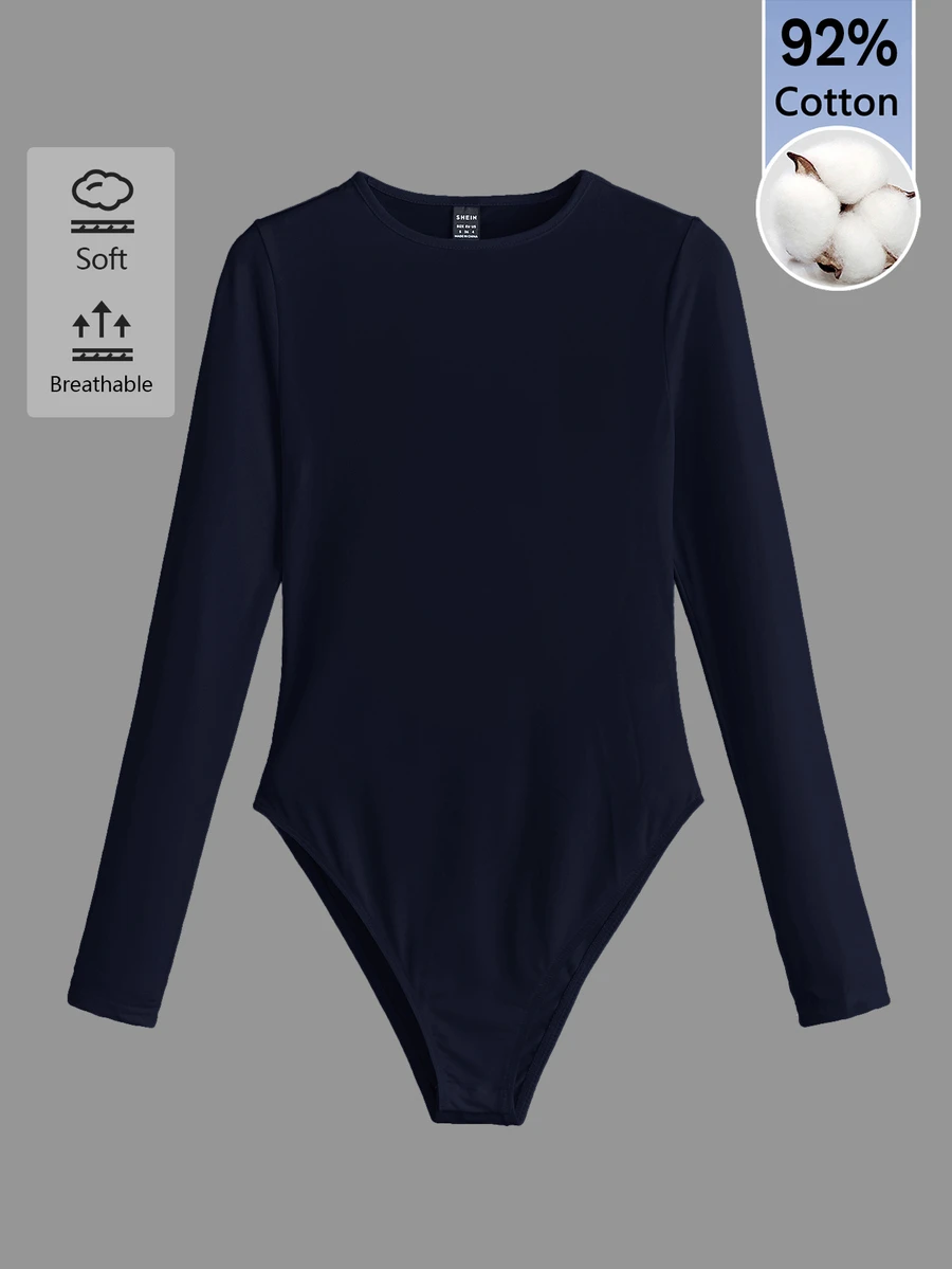 SHEIN BASICS 女款純色圓領長袖休閒連身衣T恤 - 藏蓝色 - 查看 1