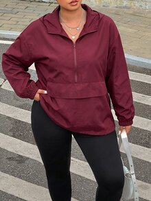 Muchica Burgundy Plus Size Women's Drop Shoulder Long Sleeve Hooded Jacket - Burgundy - View 3