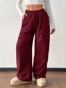 SHEIN PETITE 女款秋冬街頭時尚休閒復古燈芯絨紋理長褲 - 酒紅色 - 查看 3