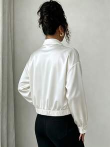 SHEIN Raffinéa Jaket Wanita Lengan Panjang Kerah Tegak dengan Hiasan Kancing Mutiara Warna Polos, Musim Semi/Gugur - Putih - View 2