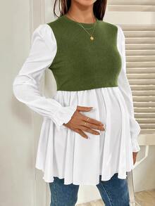 SHEIN 孕婦圓領荷葉邊袖口休閒哺乳上衣 - 軍綠色 - 查看 5
